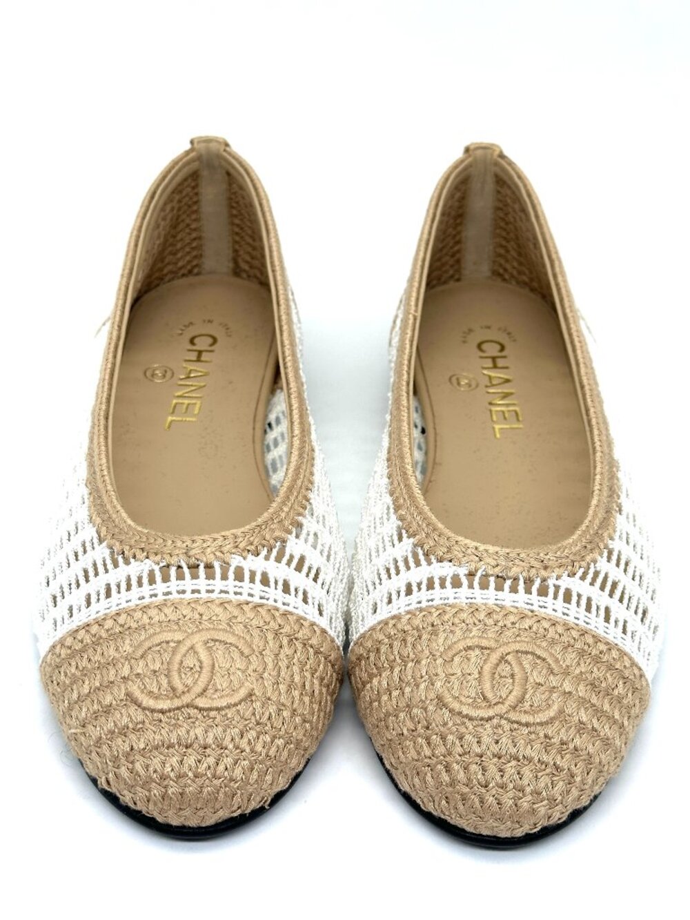 CHANEL REV CC Raffia Crochet Woven Two Tone Cap Toe Ballerina Ballet Flats - Picture 4 of 14
